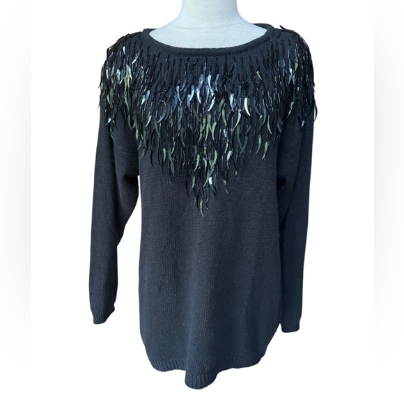 Vintage Sweaters - 1980s Eminent Oversized Navette Leaf Sequin Around Neckline Silk/Angora Blend Sw